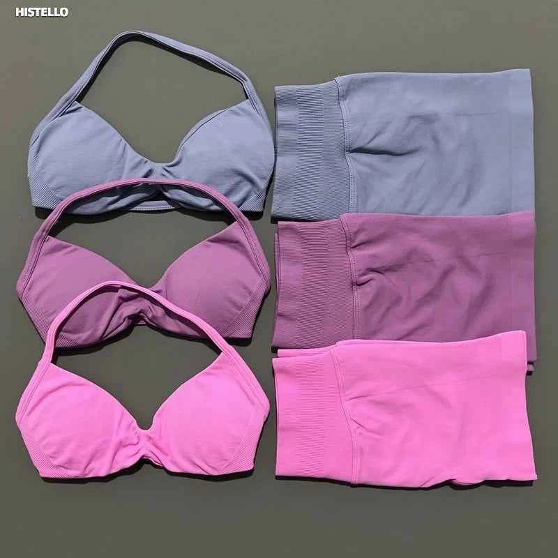 HISTELLO Gym Set 2 Piece Women Strappy Yoga Bra Top Workout Scrunch Shorts Sports Suit Fitness Clothes Seamless Yoga Set