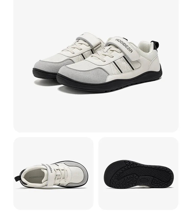 HOBIBEAR Big Kid Wide Width Shoes Barefoot Hook-Loop Artificial Leather Sneakers Lightweight Zero Drop Walking Shoes