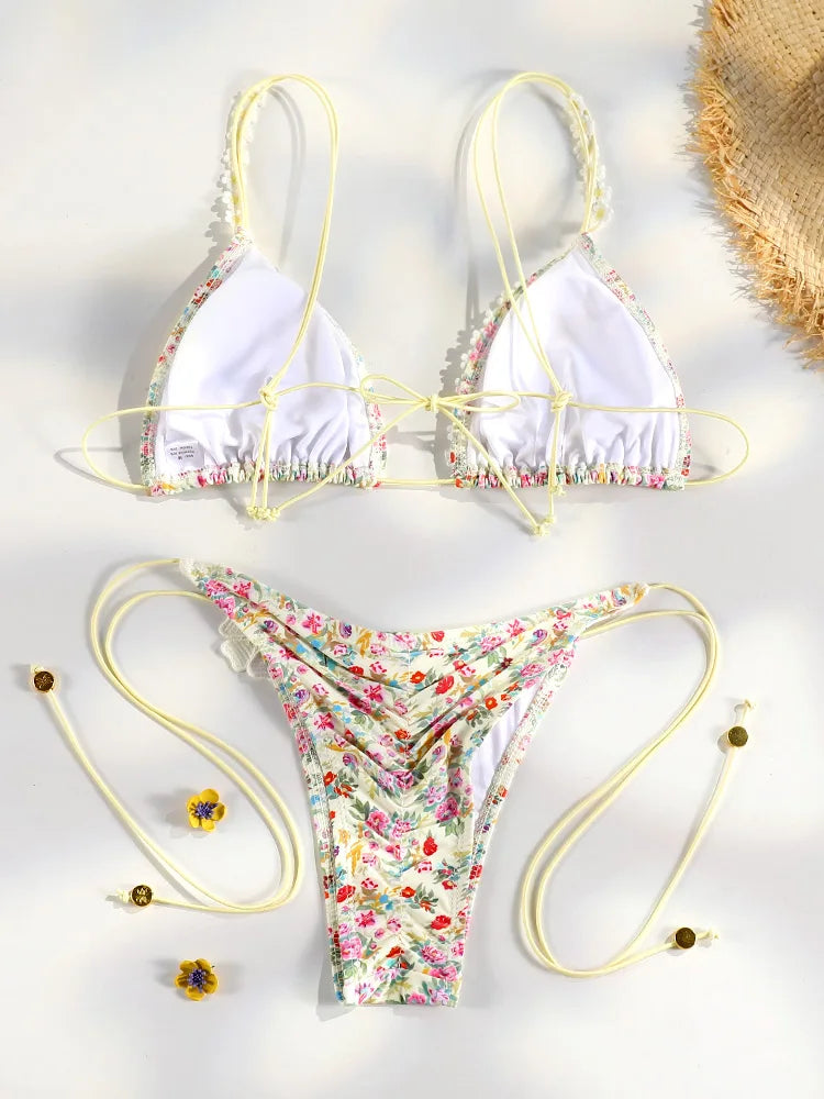 Sexy Bikinis Micro Thongs Swimsuit Women Bathing Suit Rings Biquini Bandage Beachwear Print Swimwear Sexy Bikini Sets With Chain