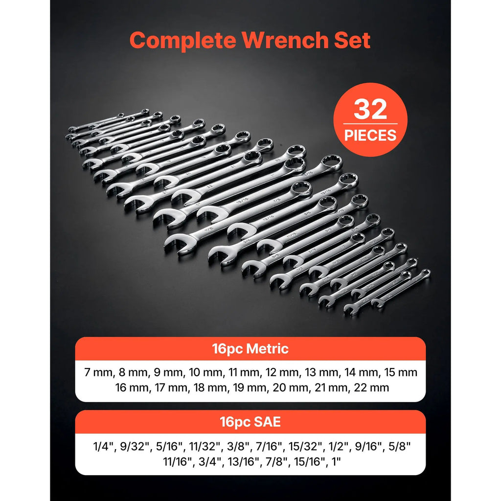 "12-Point 32-Piece SAE/Metric Combination Wrench Set with 15 Angled & Box End Wrenches (13mm)"