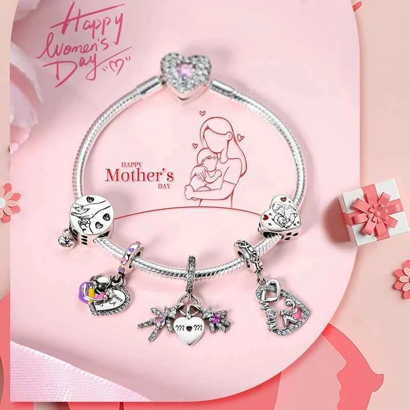 Original 925 Sterling Silver Charm Bead Mother's Day Love Heart Family Charm Bead Pendant Fits Bracelet Womens Jewelry Gifts