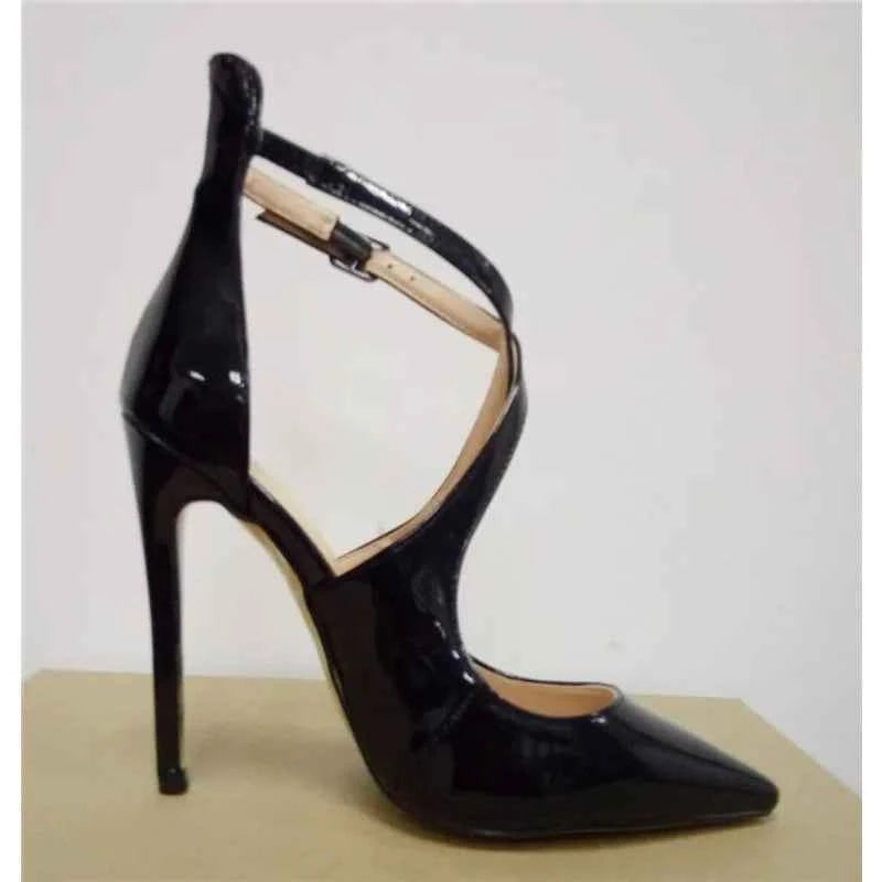 2025 New Baotou Buckle Stiletto High Heels European and American Lacquer Cross Strap Roman Cool Boots Large Size 33-46