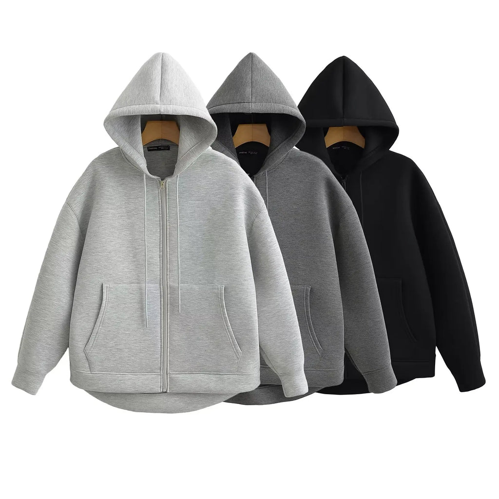HH Winter New Women's Zipper Hoodie Coat High Street Double Pockets Jakcet Oversize Loose Sweatshirts Outerwear Top