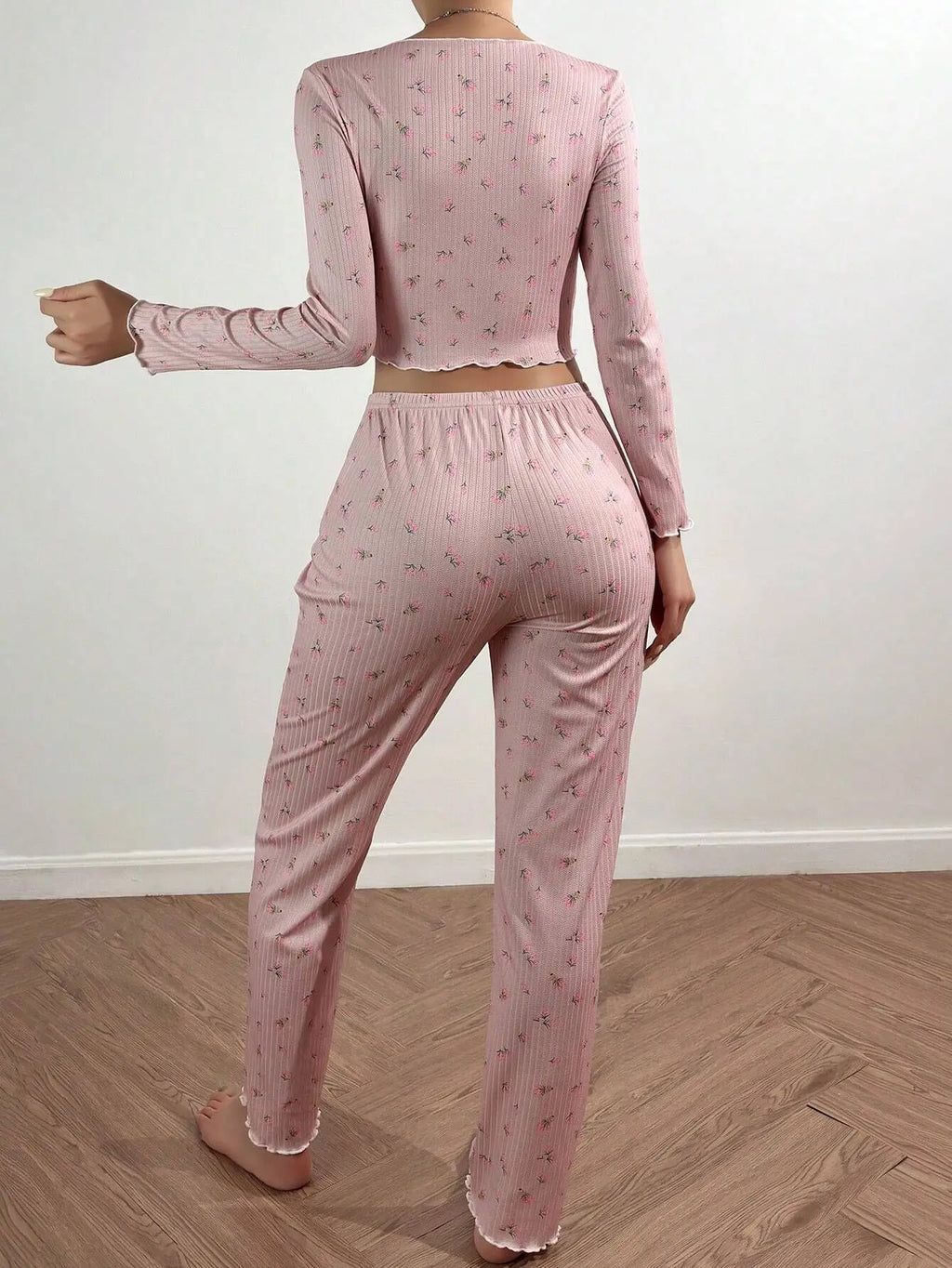 Y2K Cute Floral Ribbed Pajama Set Womens Long Sleeve V Neck Two Piece Sleepwear Homewear Autumn Winter Bow Lettuce Trim New Hot