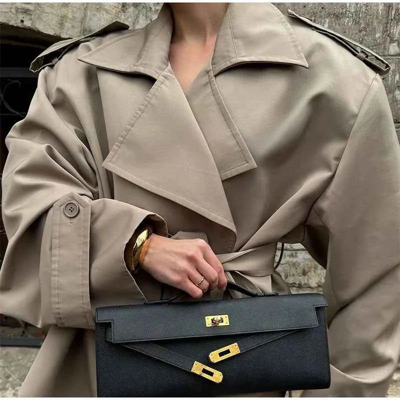 Cropped Lace-up Blue Casual Trench Coat Women Lapel Long Sleeve Wide Shoulder Windbreaker Jacket Fall Commute Daily Streetwear