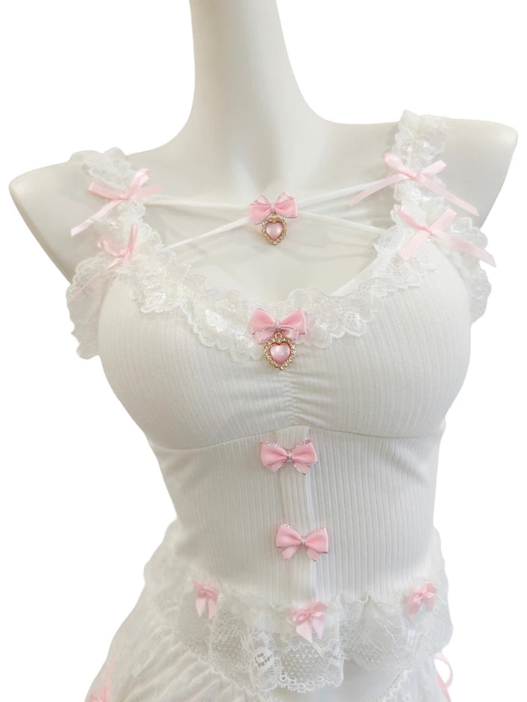 Sweet Crop Top Women Lace Trim Cotton Cropped Bows Bead Decoration Pink White Cute Camis Sweet Girls Lolita Style Kawaii Clothes