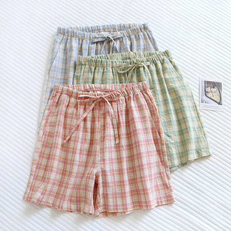 Summer Thin Loose Fit Women's Home Shorts Cotton Plaid Design Multi Colors Sleepwear Beach and Casual Wear Short Pants