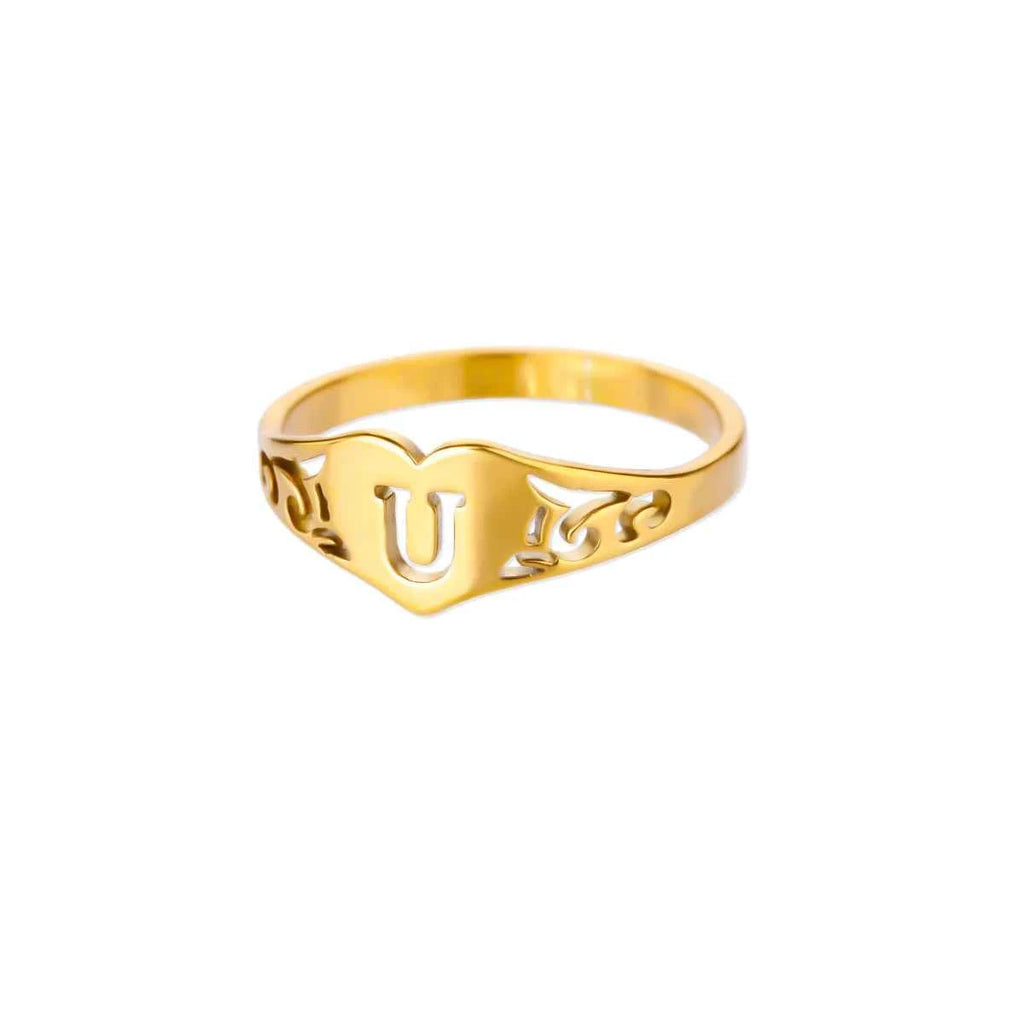 Fashion Hollow Initial Letter Heart Rings For Women Gold Color Stainless Steel A-Z Letter Ring Aesthetic Wedding Jewelry Gift