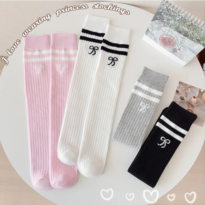 40CM Children's Long Socks Spring and Summer Girls' Bow Princess Skirt Paired with Knee High Sock Striped High Tube Cotton Socks
