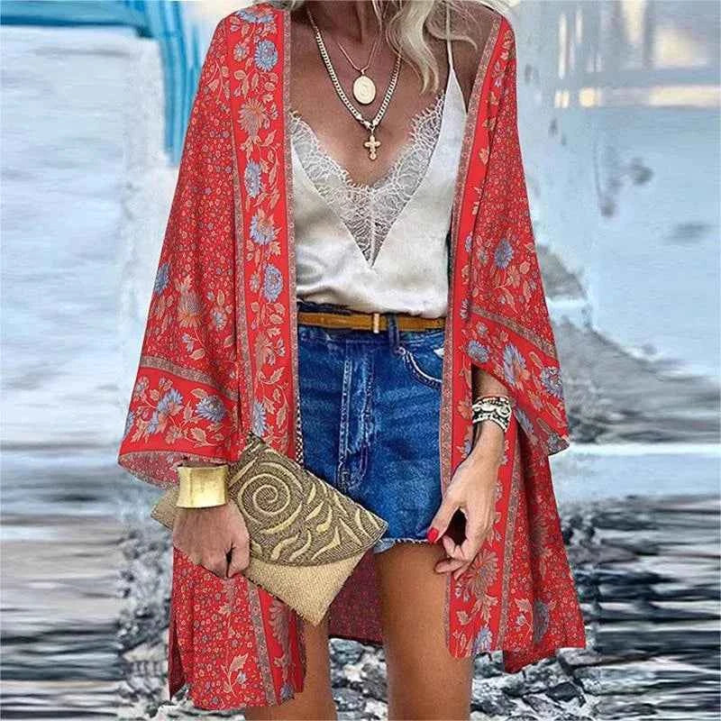 New Summer Bohemian Beach Printed Cardigan Jacket Long Sleeve Leisure Holiday Beach Swimsuit Blouse Shawl Long Coat M-5XL