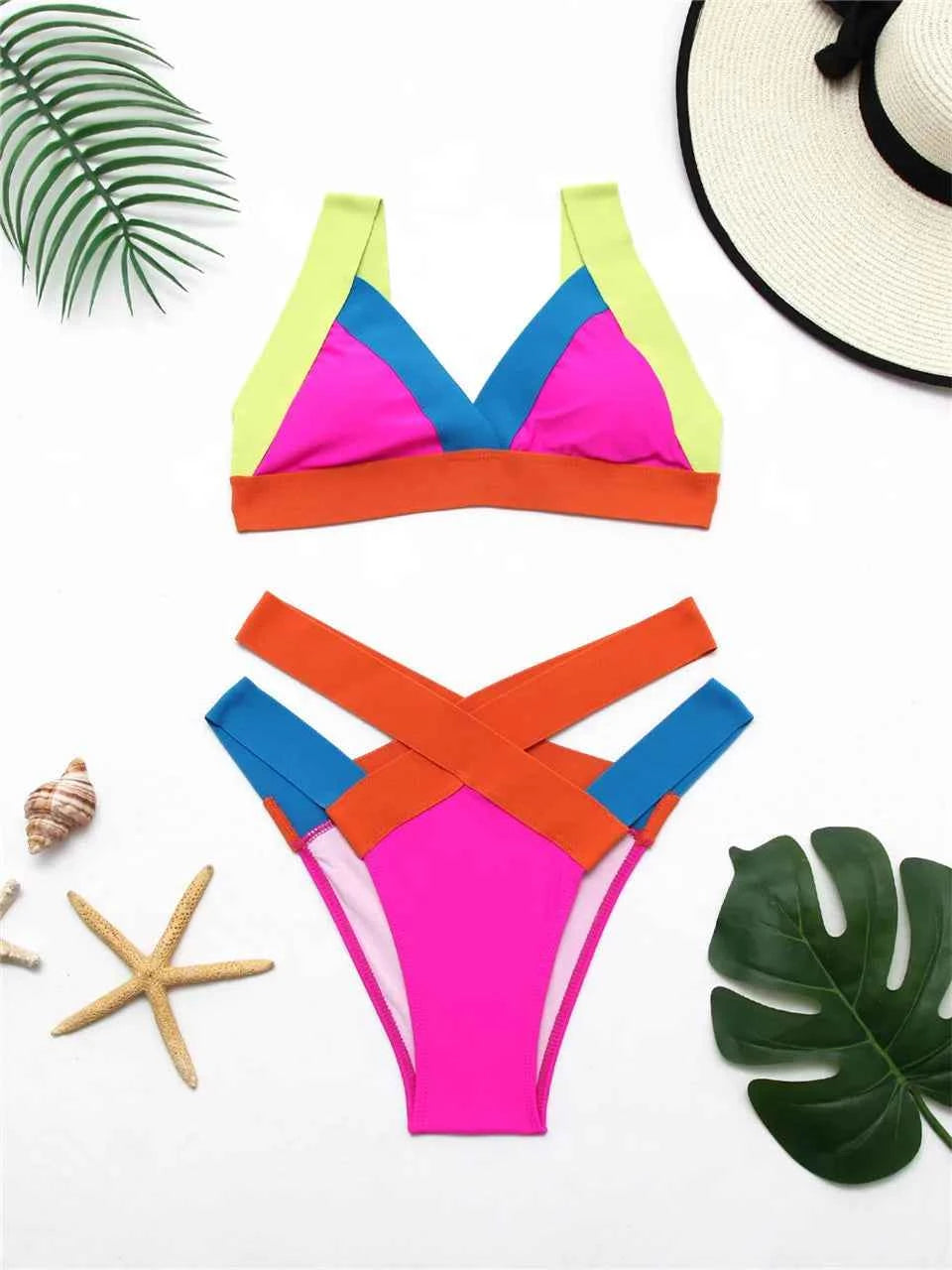 2025 High Waist Bikini Straped Swimsuit Block Color Women Solid Swimwear Female Bathers Bathing Swimming Suit Beachwear Summer