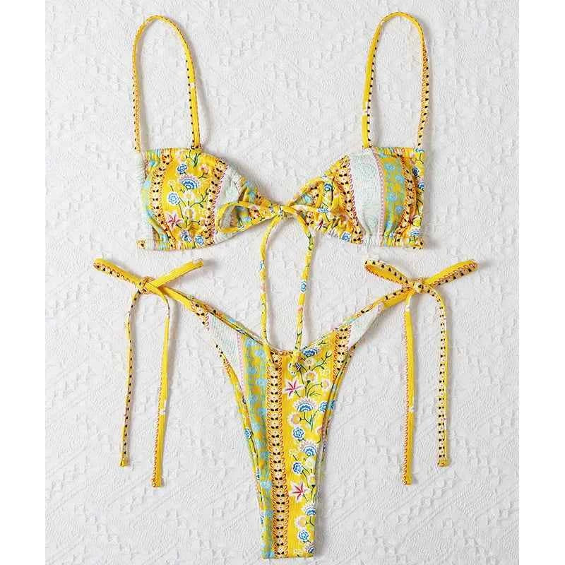 BIQIUYYI New Floral Print String Bandage Bikinis Triangle Cup Push Up Swimsuit Women Bathing Suit Beachwear Halter Swimwear XS