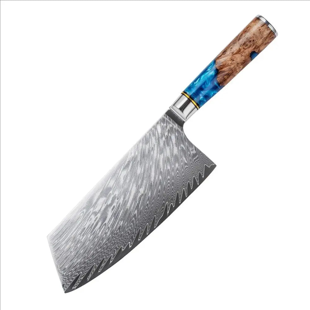 1-8pcs Professional kitchen knife set Damascus Steel Set for Meat Cutting Sushi Peeling and Boning Blue Resin Wood Handle