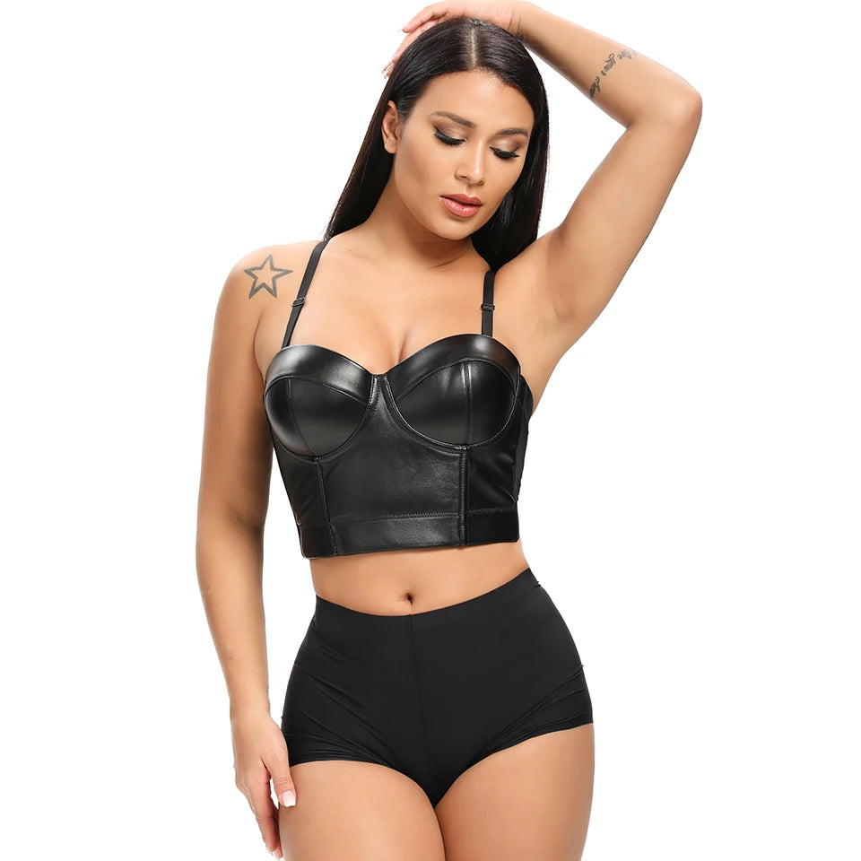 Aonve Women Summer Sexy Top PU Leather Festival Clothing Tops Bralette Cropped Top Female Punk Goth Clubwear Black Red Plus Size