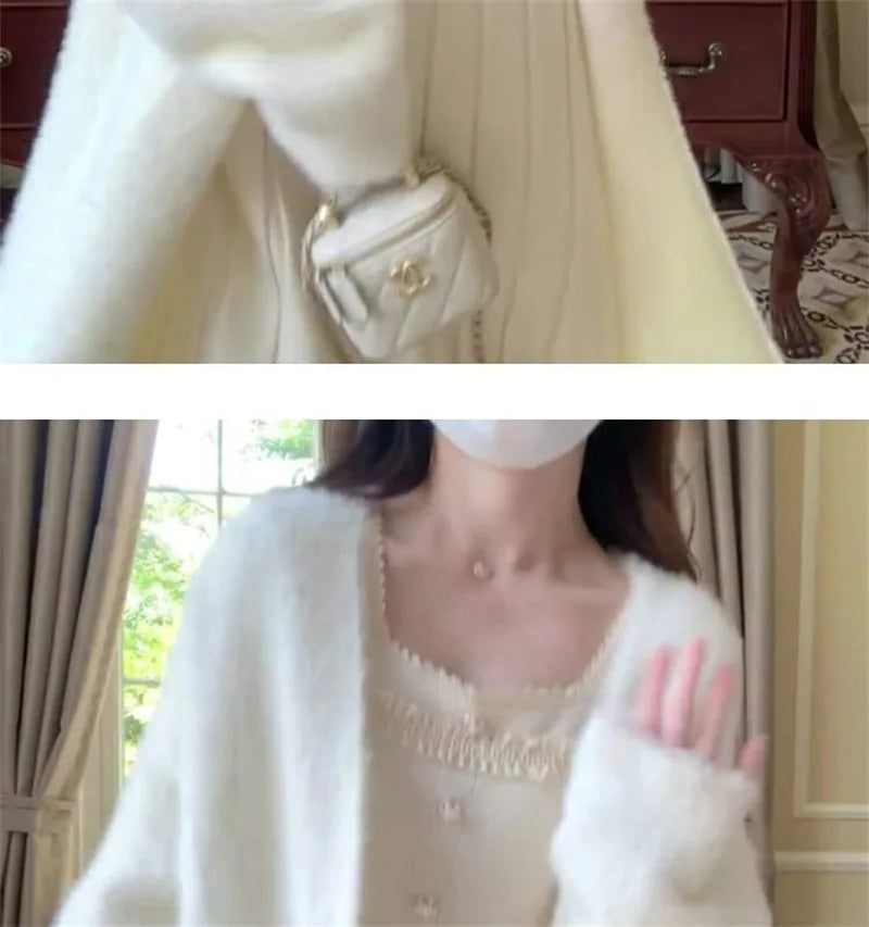 White Gentle Mink Fur Sweater Knitted Cardigan Women's 2024 Autumn Winter New Loose Versatile mid to long Lazy Milk fufu Jacket