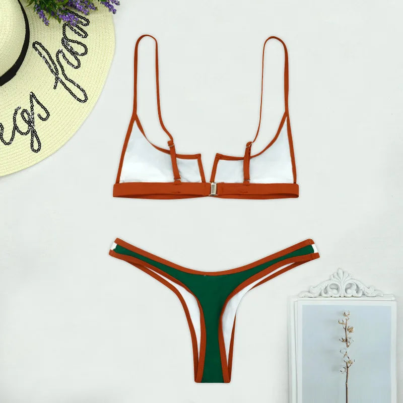 Splicing Denim V Shaped Thong Bikini Women Swimsuit Female Swimwear Two Pieces Bikini Set Bather Push Up Bathing Suit Swim Lady