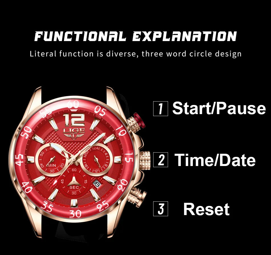 LIGE New Fashion Mens Watches Top Brand Luxury Quartz Wrist Watch Man Sport Red Silicone Watch for Men Reloj Hombre Chronograph