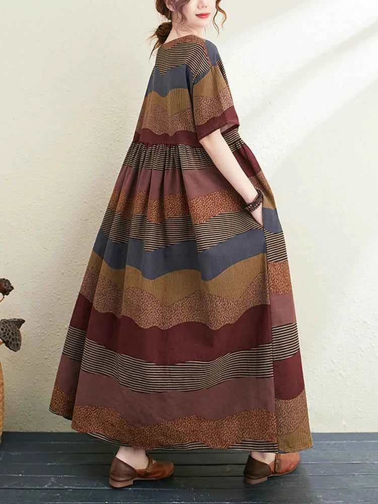 2026 New Summer Cotton Linen Short Sleeve Vintage Striped Print Dresses For Women Long Fashion Dress Elegant Vestidos Robe Femme