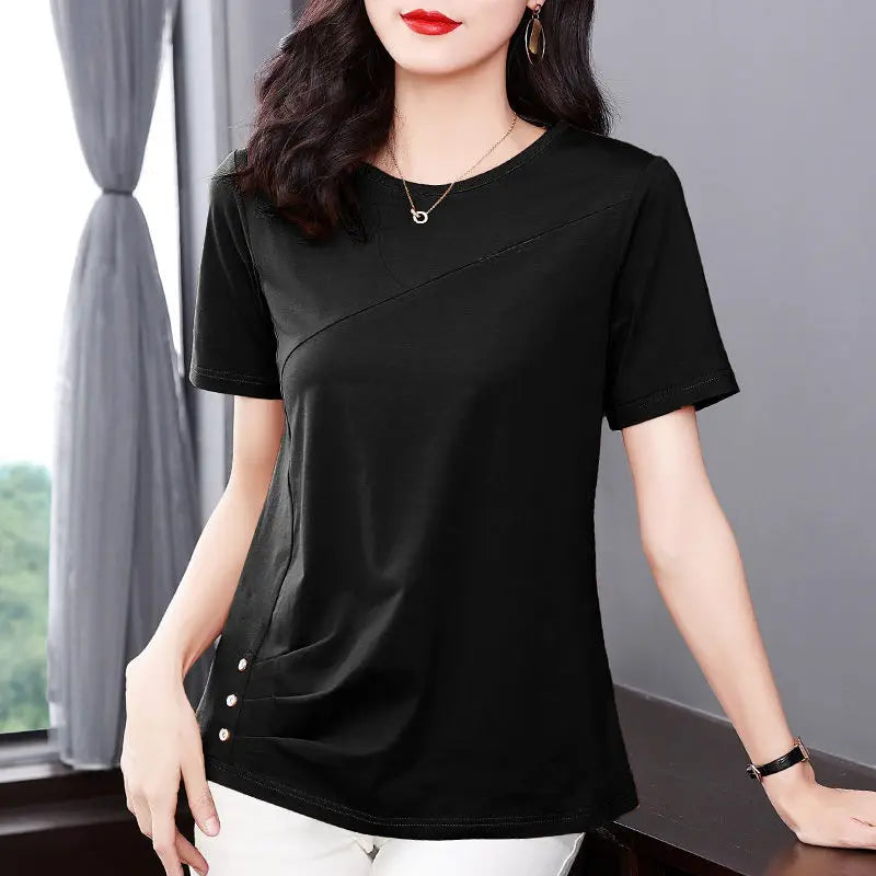 5XL Women Summer Spring cotton Blouses Shirts Lady Fashion Casual Short Sleeve O-Neck Solid Color T-shirt Blusas Tops MM2069