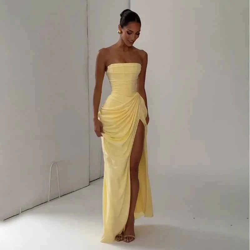 Women Sexy Solid Pleated Strapless Dress Lady Chic Off-shoulder Backless High Waist Split Dresses  Evening Party Gown 2026 New