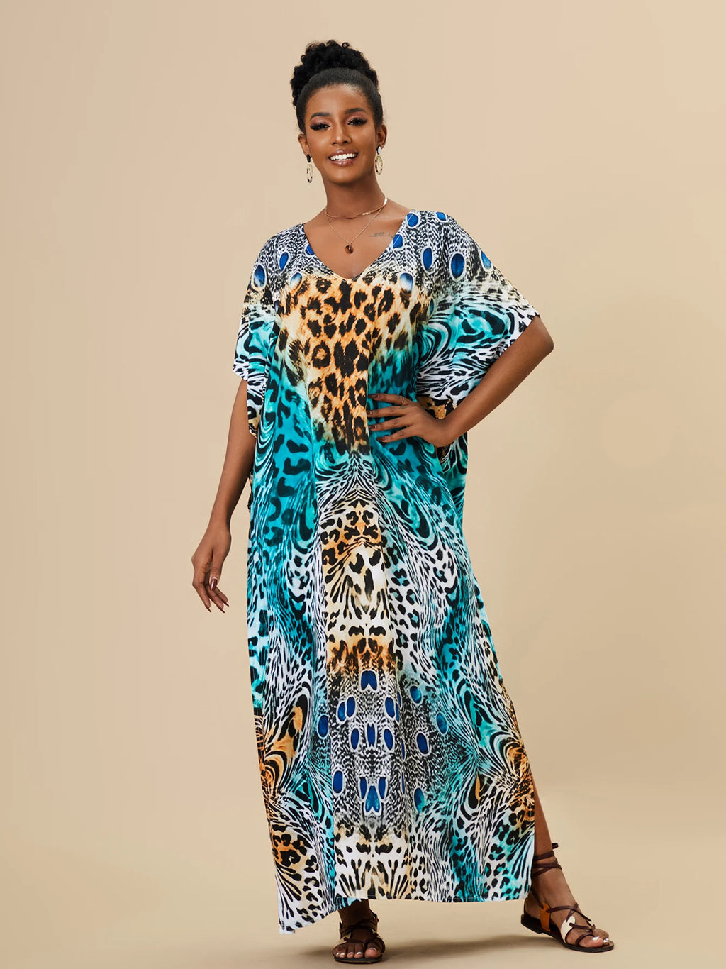 EDOLYNSA 2023 Bohemian Printed Loose Kaftan Casual Summer Vacation Maxi Dress Women Clothing Beach Wear Swim Suit Cover Up Q1469