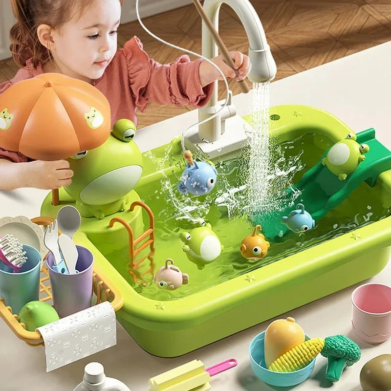 Kids Kitchen Sink Toys Electric Dishwasher Playing Toy With Running Water Pretend Play Food Fishing Toy Role Playing Girls Gift