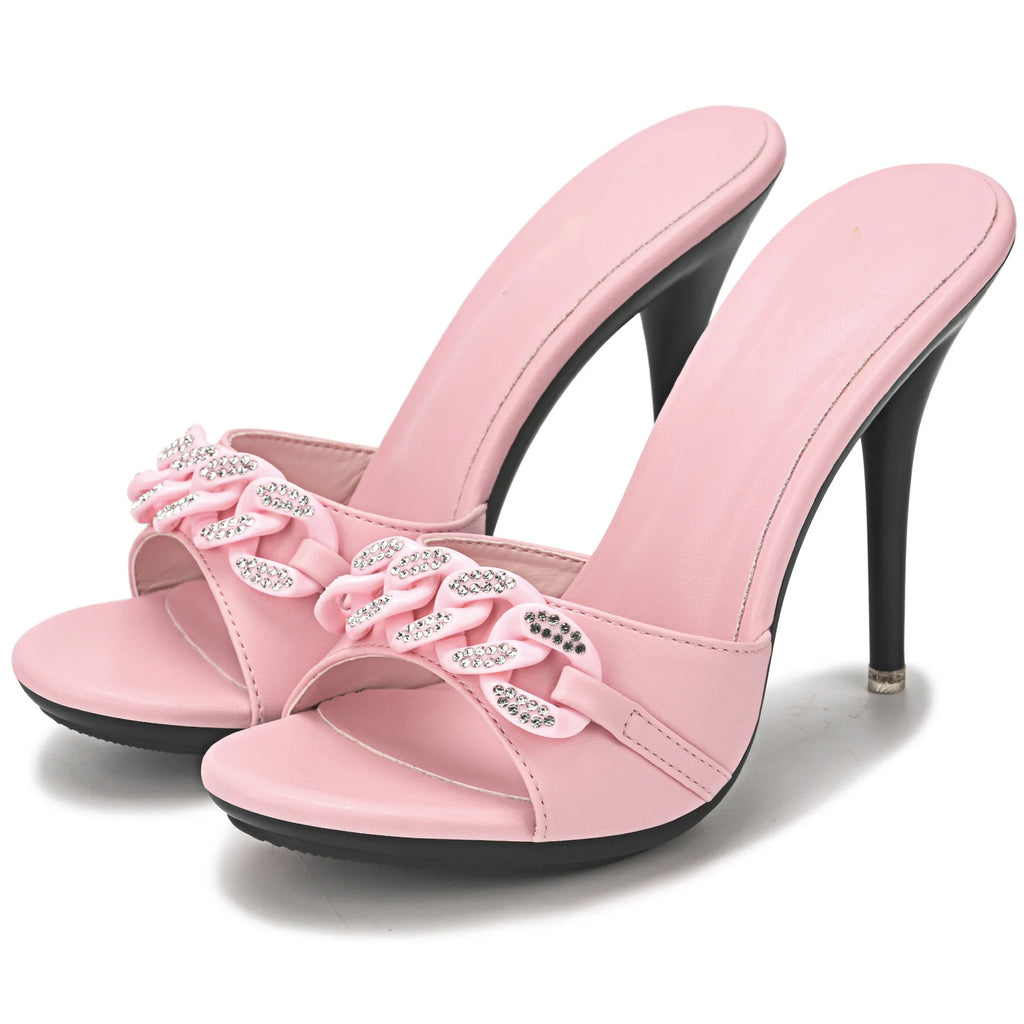 2022 New Diamond Chain Women Pumps Slippers Thin High Heels Party Shoes Fashion Solid Color Summer Dress Sandals Shallow Mouth
