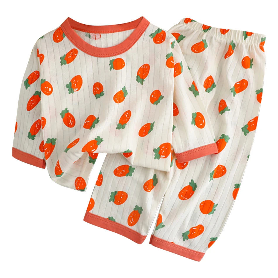 Summer Kids Cotton Pajama Sets Long Sleeve Pants Suitable Baby Gentle Nighttime Comfortable Sleepwear in Air Conditioned Rooms