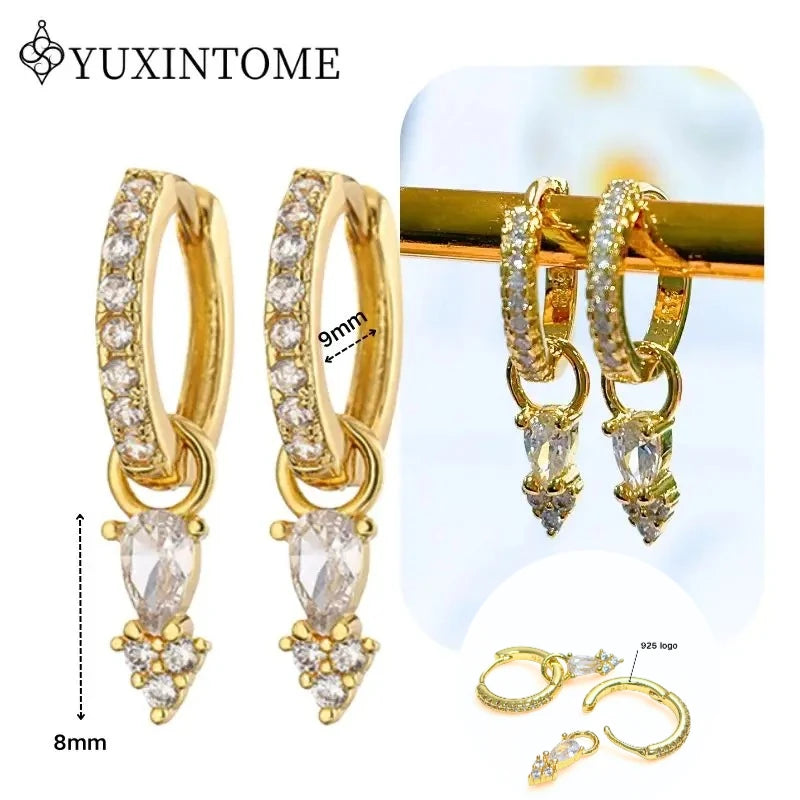 Women's 925 Sterling Silver Ear Needle Crystal Zircon Water Droplets Stud Hoop Gold Huggie Earrings Premium Luxury Party Jewelry