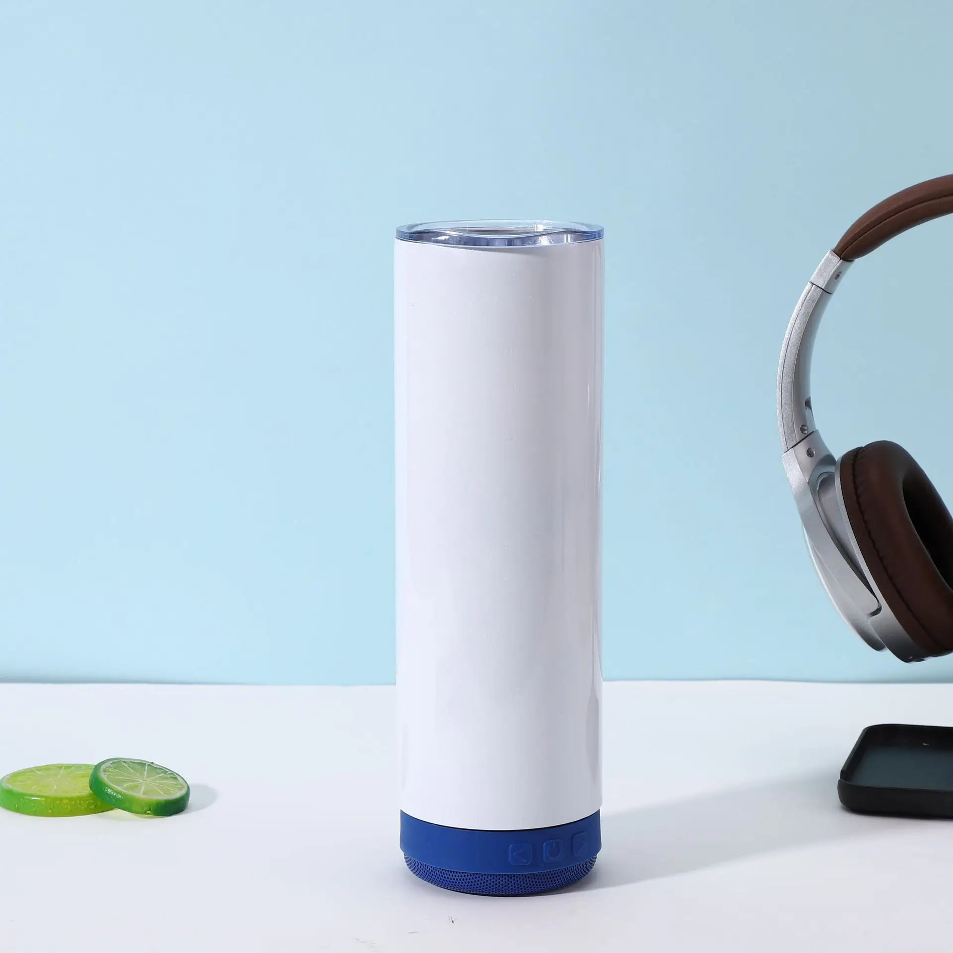 Music Speaker Tumbler with Straw and Lid 20oz Skinny Double Wall Stainless Steel Music Cup with Detachable LED Bluetooth Speaker