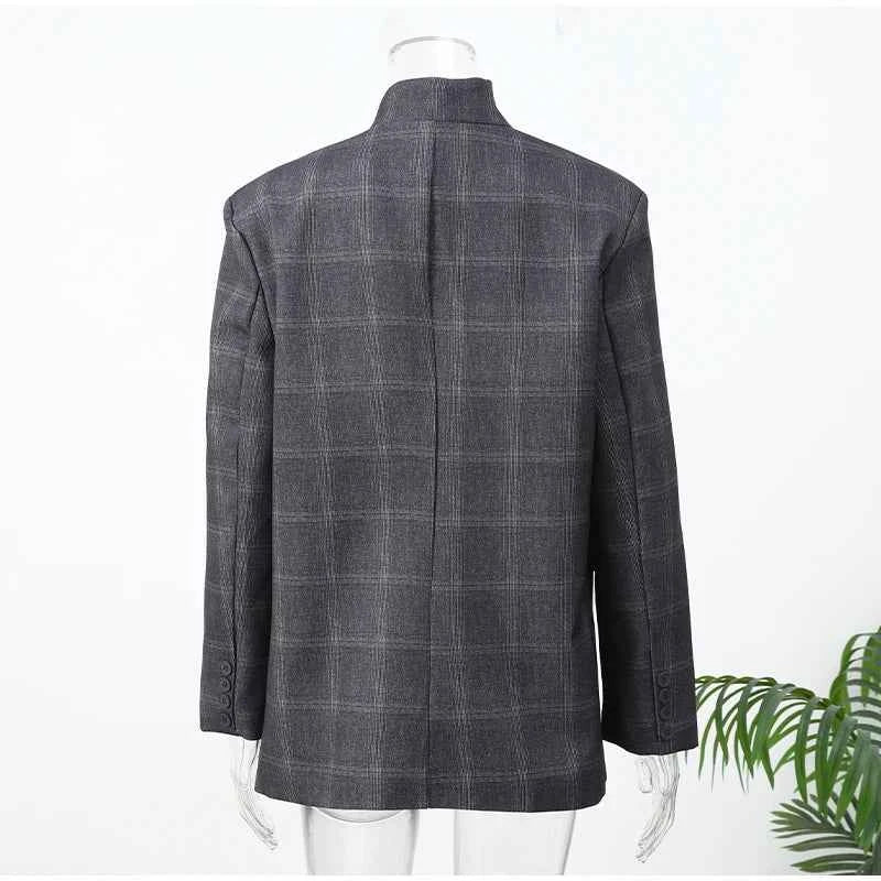 Irregular Plaid Blazer Jacket Women Fashion Stand Collar Full Sleeve Split Loose Short Jackets 2025 Lady Daily Commute Outwear