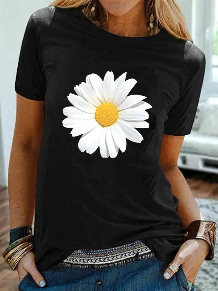 Cotton  100% Women's Round-neck Daisy Print Short-sleeved T-shirt for Women Harajuku  Aesthetic Clothes  Graphic T Shirts  Tops