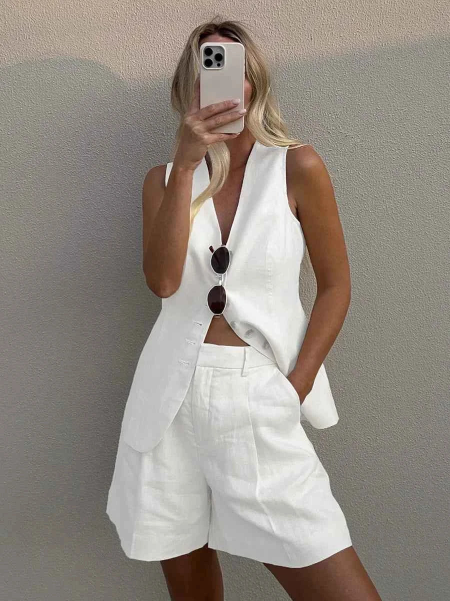 Wolfeel Cotton linen Chic Casual Vest Shorts Set Women's Fashion Commuter Sleeveless Tank Top Loose Shorts Suits Summer New