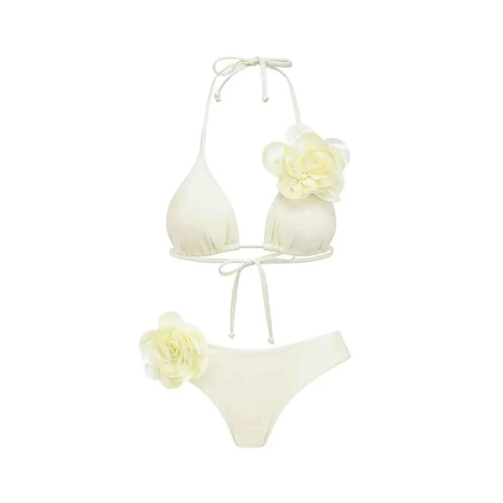 2026 New Sexy White 3D Flower Solid Two Piece Push Up Bikini Set Luxury Swimwear Women Swimsuit Beachwear Summer Bathing Suit