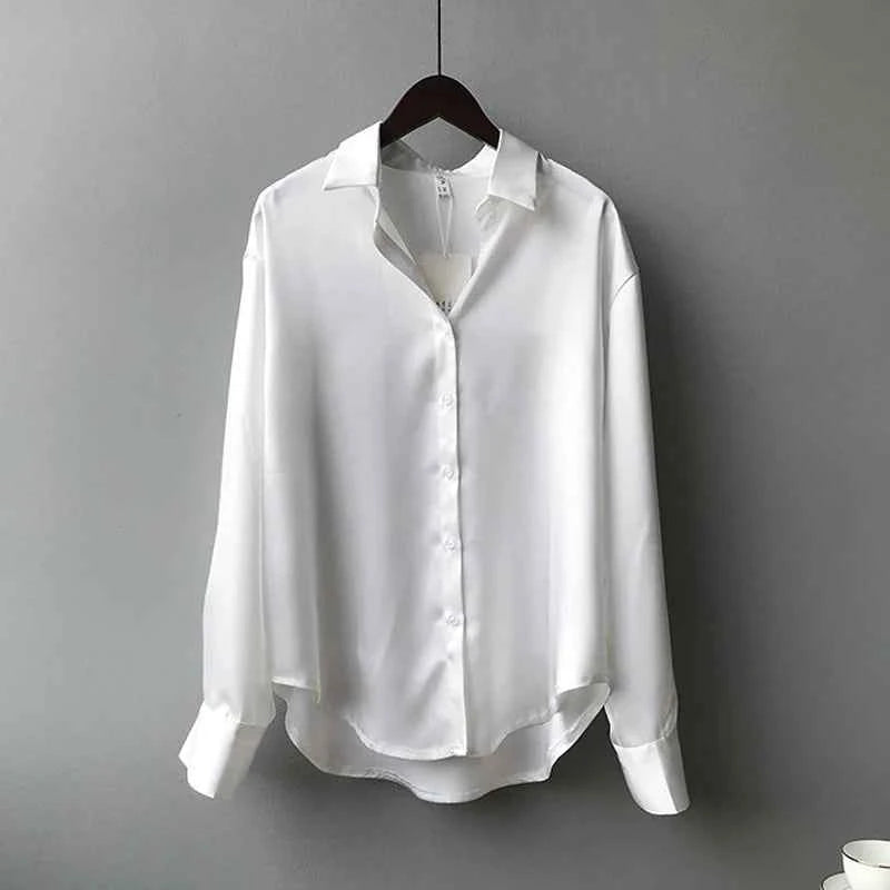 Spring Fashion Button Up Satin Silk Shirt Vintage Blouse Women White Tops Lady Long Sleeves Female Loose Street Shirts 11355