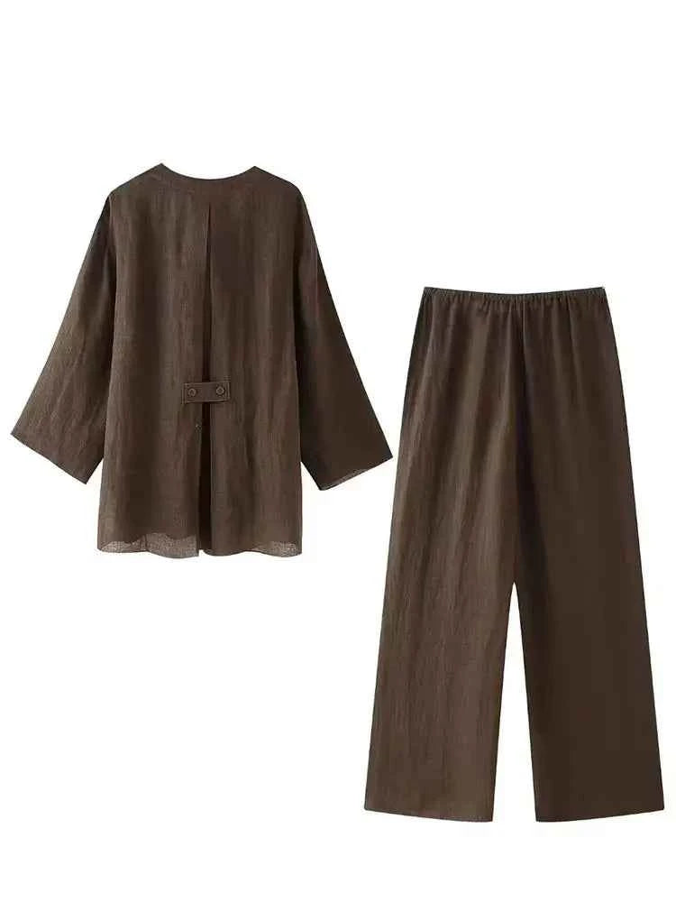 HH Pajama Style Pants Sets Women Fashion Kimono Style Lace Up Shirt Top Elastic Waist Trousers Women's Casual Outfits