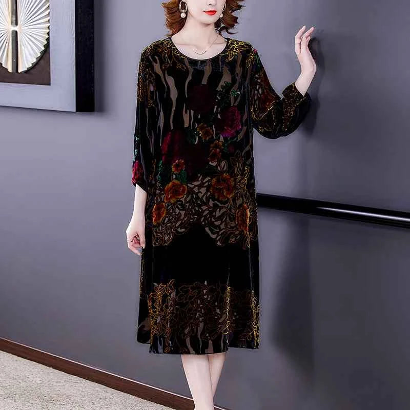 Large Size Gold Velvet Dress Women's Autumn New High-End Mulberry Silk Burnt Flower Dress Luxurious Temperament Vestidos