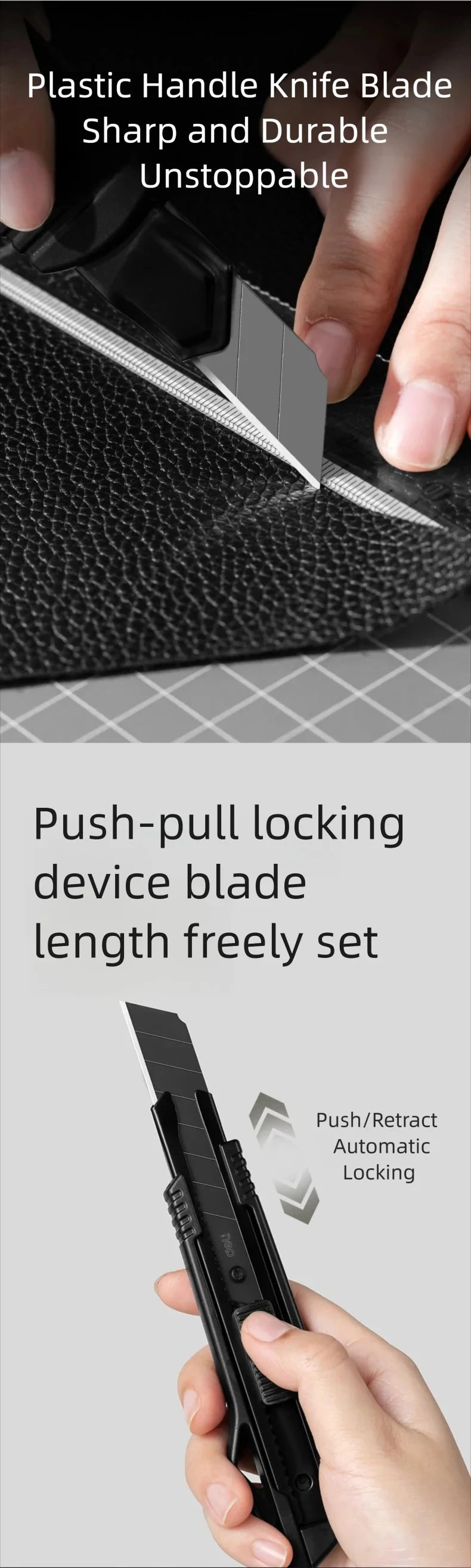 Deli Heavy Duty Utility Knife Sharp Black SK5 Carbon Steel Blades 9mm/18mm/Auto-Retractable Box Cutter for Cardboard Cartons