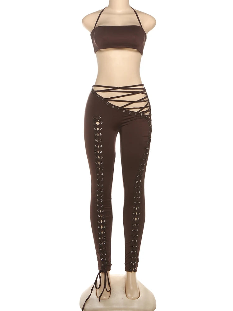 Weird Puss Sexy 2piece Set Women Hipster Halter Camisole+Shirring Hollow Pants Midnight Matching Stretch Clubwear Skinny Outfits