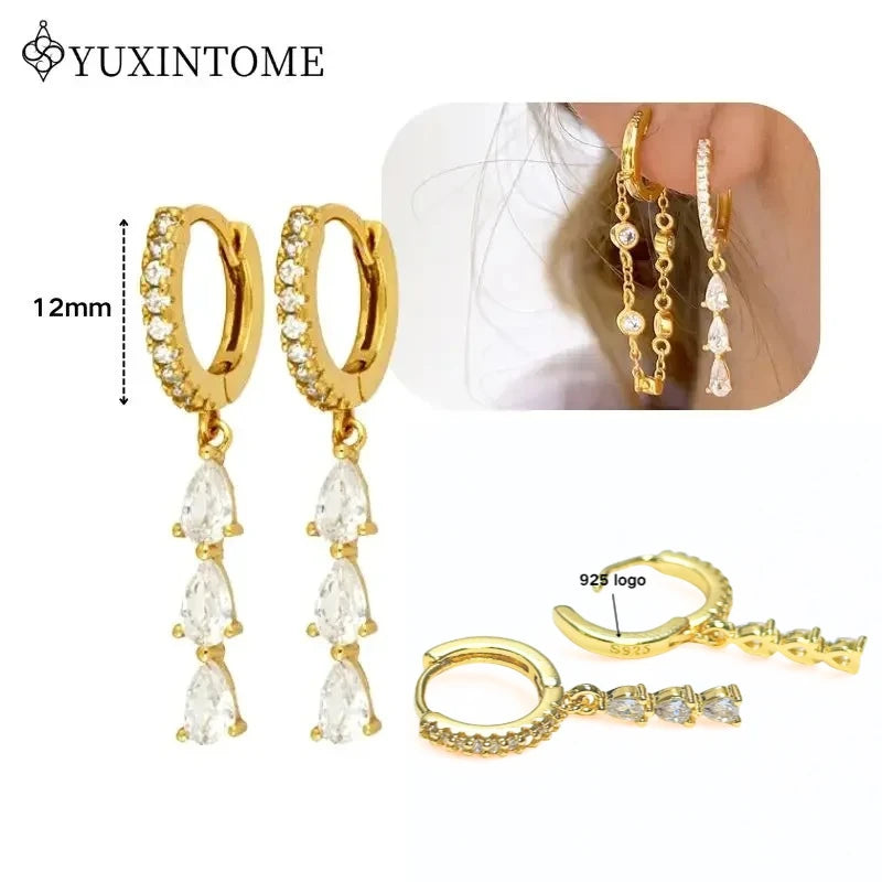 Women's 925 Sterling Silver Ear Needle Crystal Zircon Water Droplets Stud Hoop Gold Huggie Earrings Premium Luxury Party Jewelry