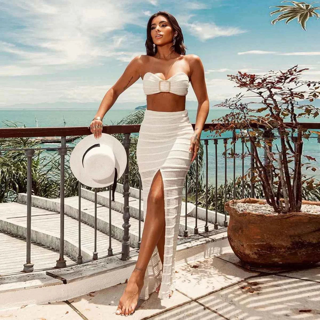 3pcs Swimsuit Sexy Bikinis 2025 Women Swimwear Crochet Dress Off Shoulder Ruffle Swim Suit Bathingsuit Beachwear Bandeau Biquini