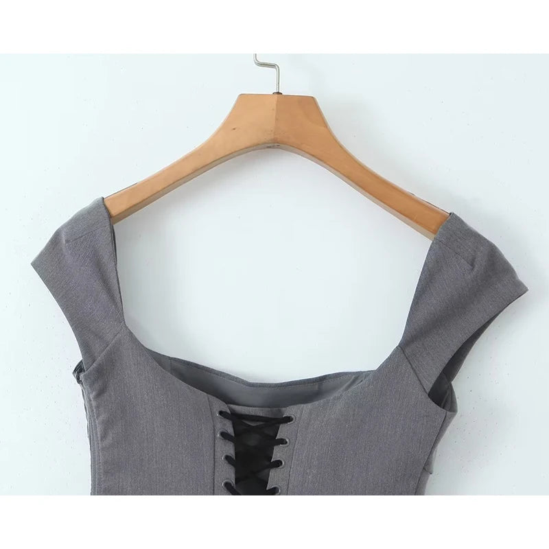 YENKYE Y2K Women Lace Up Bandage Back Gray Crop Top Short Sleeve Square Neck Ladies Sexy Chic Tops