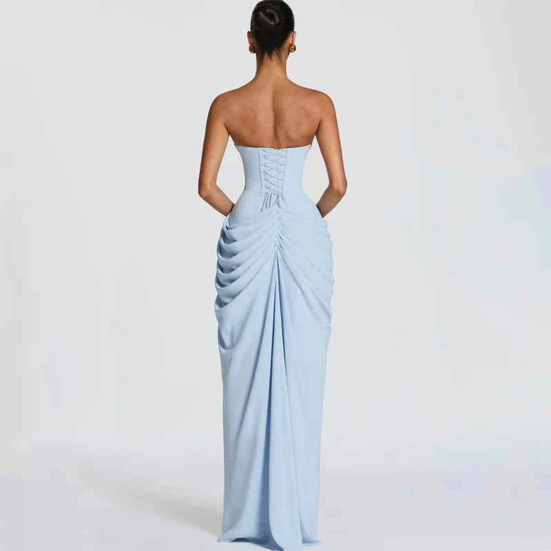 Women Sexy Solid Pleated Strapless Dress Lady Chic Off-shoulder Backless High Waist Split Dresses  Evening Party Gown 2026 New
