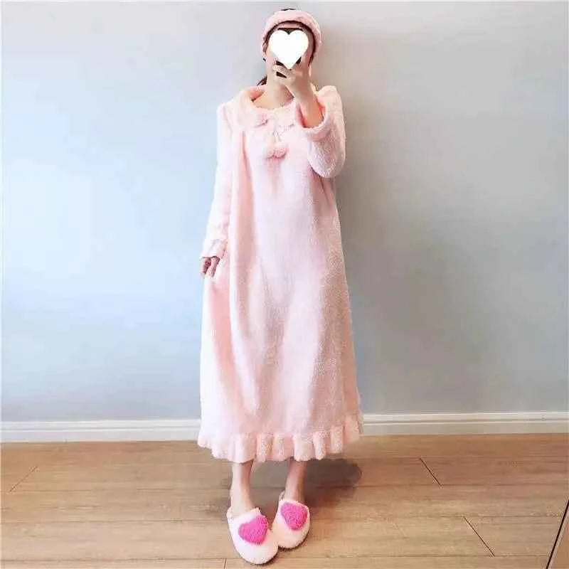 2025 Winter Long Sleeve Thick Warm Flannel Nightgowns for Women Korean Cute Coral Fleece Sleepwear Night Dress Nightdress Nighty