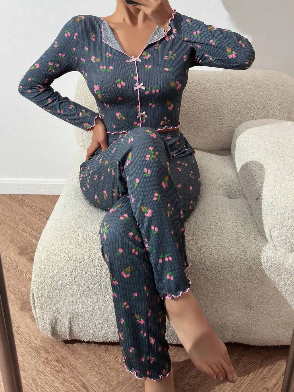 Y2K Cute Floral Ribbed Pajama Set Womens Long Sleeve V Neck Two Piece Sleepwear Homewear Autumn Winter Bow Lettuce Trim New Hot