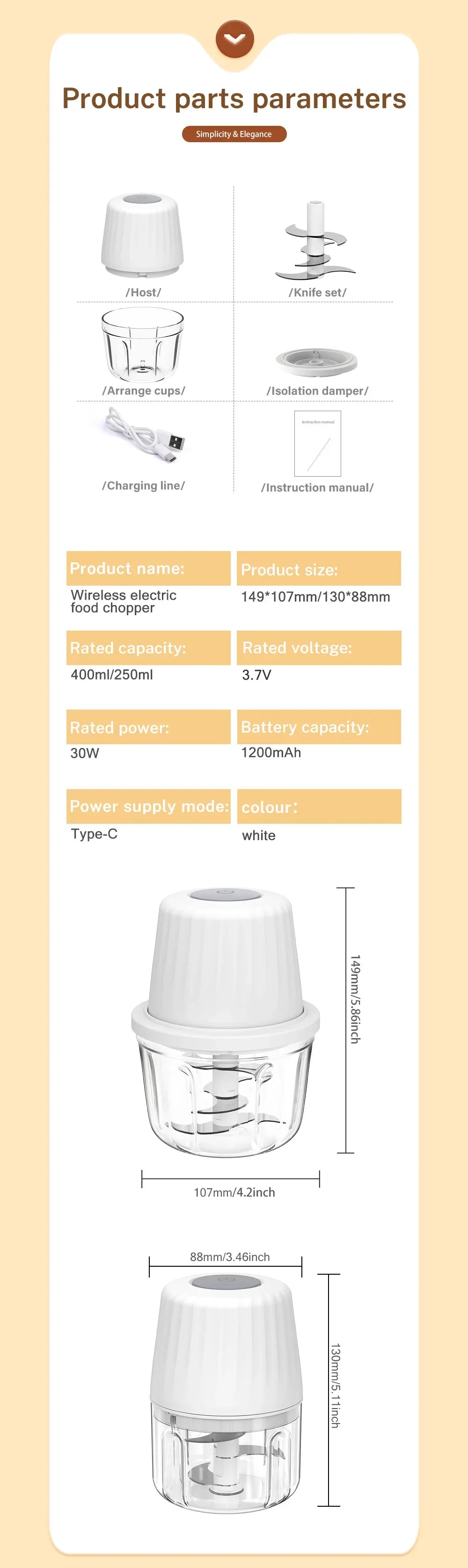 Portable Electric Garlic Mincer 400ML with 6 Blades - USB Charging Mini Vegetable Chopper for Home Cooking & Picnics