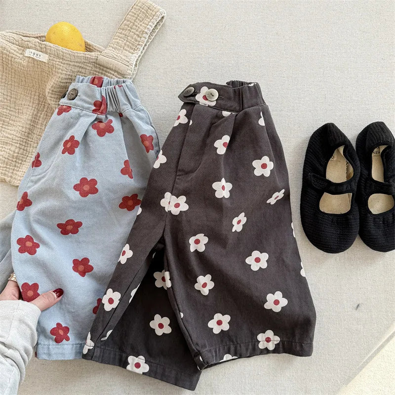 2026 Spring New Children Casual Pants Fashion Flower Print Girls Harem Pants Cotton Kids Loose Trousers Boys Cute Baby Clothes