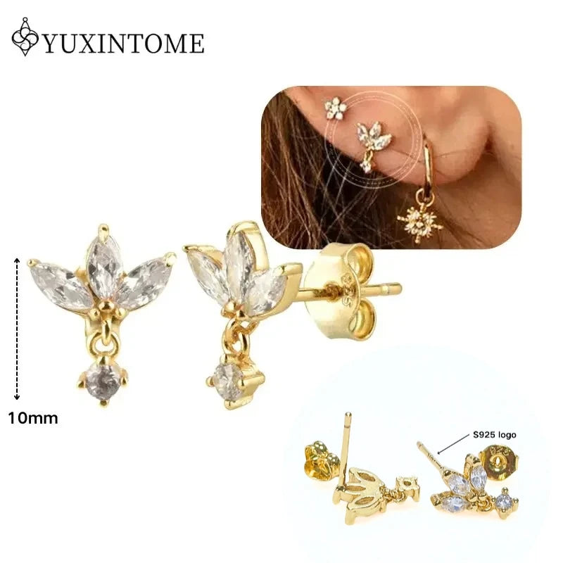 Women's 925 Sterling Silver Ear Needle Crystal Zircon Water Droplets Stud Hoop Gold Huggie Earrings Premium Luxury Party Jewelry