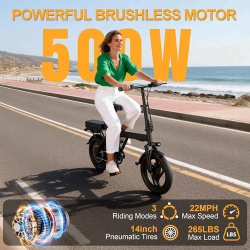 14'' Foldable Electric Bike 500W Motor 48V Battery 22MPH Max Speed 30Miles Long Range with Two Seats for Adult Mini E Bike