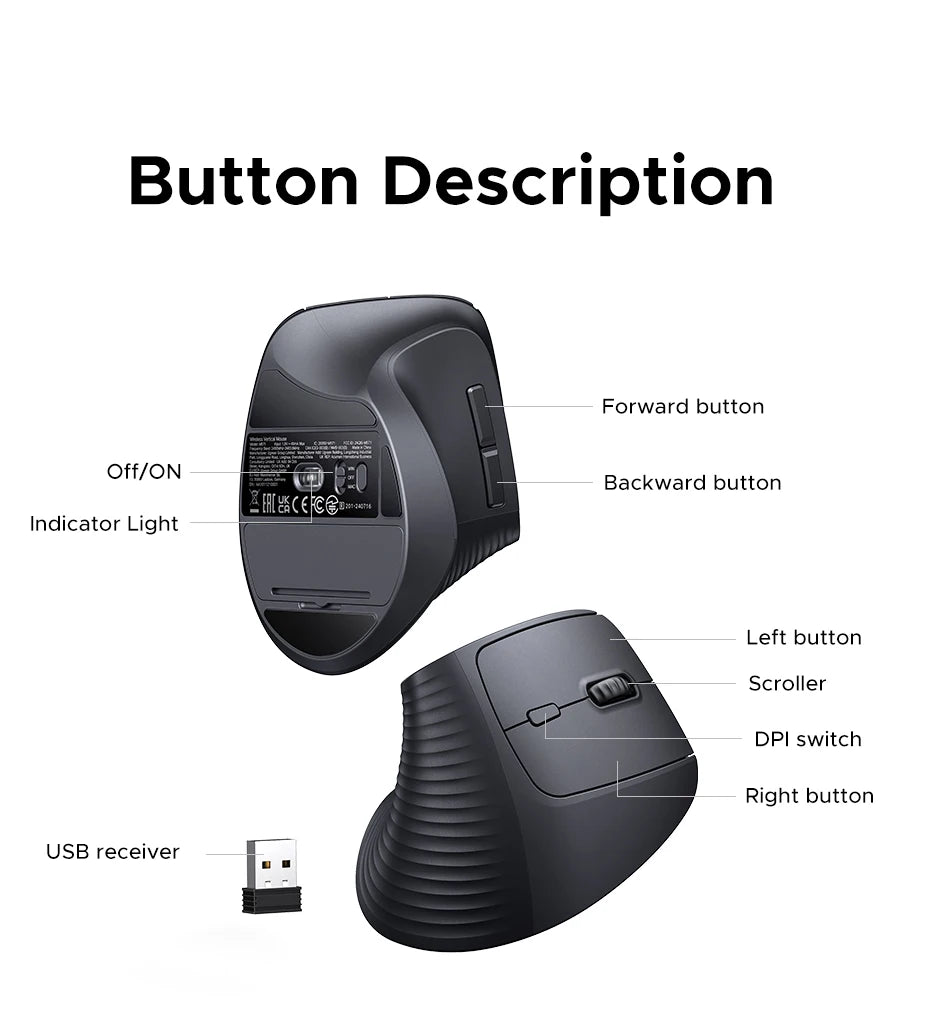 UGREEN Wireless Mouse Vertical 2.4G Ergonomic 4000DPI 6 Mute Buttons for MacBook Tablet Laptops Computer PC Mice Black Pink